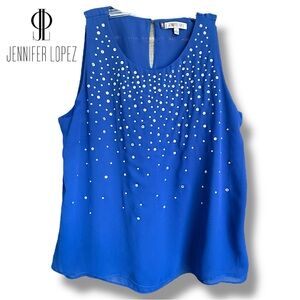 JLO Jennifer Lopez Wmn’s Blue Chiffon Rhinestone Front Sleeveless Top Tank | L